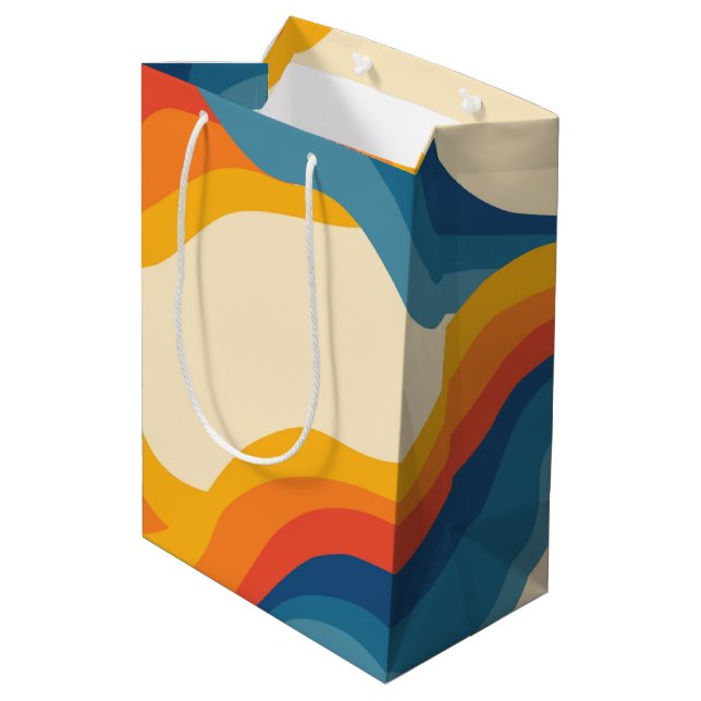 Abstract 70s Retro Orange Blue Wavy Stripe Pattern Medium Gift Bag (Back Angled)