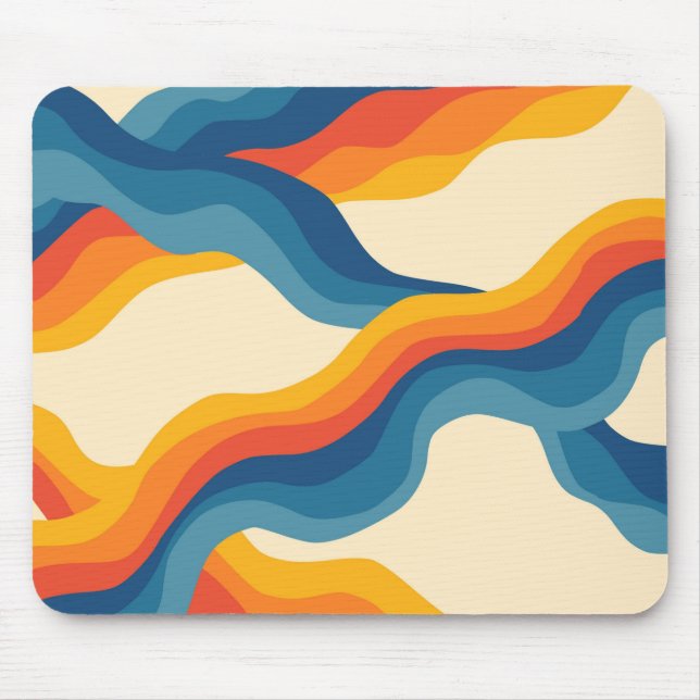 Abstract 70s Retro Orange Blue Wavy Stripe Pattern Mouse Pad (Front)