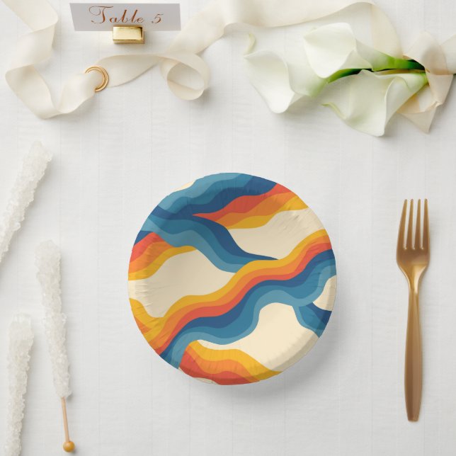 Abstract 70s Retro Orange Blue Wavy Stripe Pattern Paper Plate (Wedding)