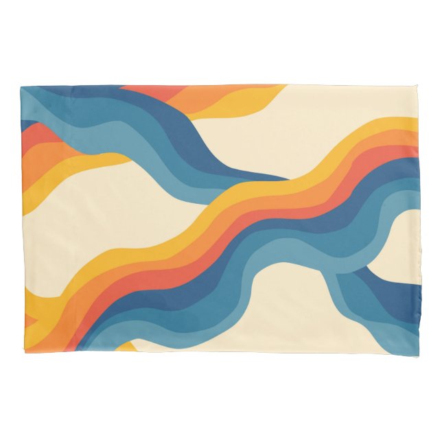 Abstract 70s Retro Orange Blue Wavy Stripe Pattern Pillowcase (Front)