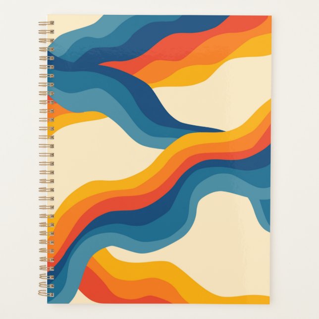 Abstract 70s Retro Orange Blue Wavy Stripe Pattern Planner (Front)