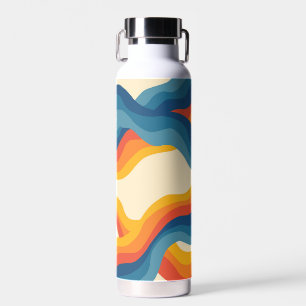 Abstract 70s Retro Orange Blue Wavy Stripe Pattern Water Bottle