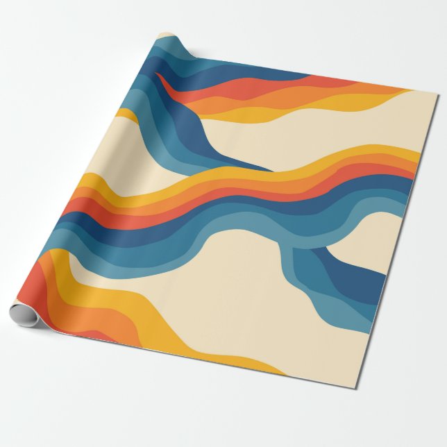 Abstract 70s Retro Orange Blue Wavy Stripe Pattern Wrapping Paper (Unrolled)