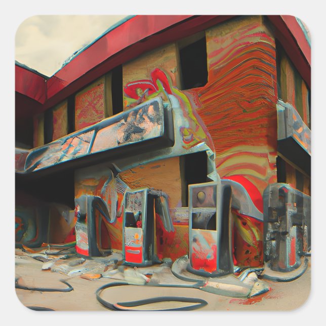 Abstract Abandoned Gas Station Ai Art Square Sticker (Front)