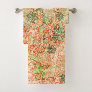 Abstract acer leaves on scratched coral background bath towel set