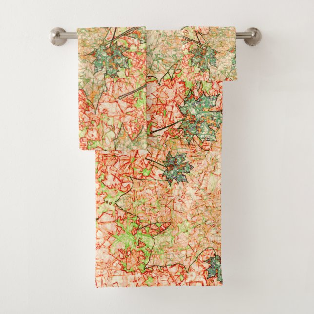 Abstract acer leaves on scratched coral background bath towel set (Insitu)