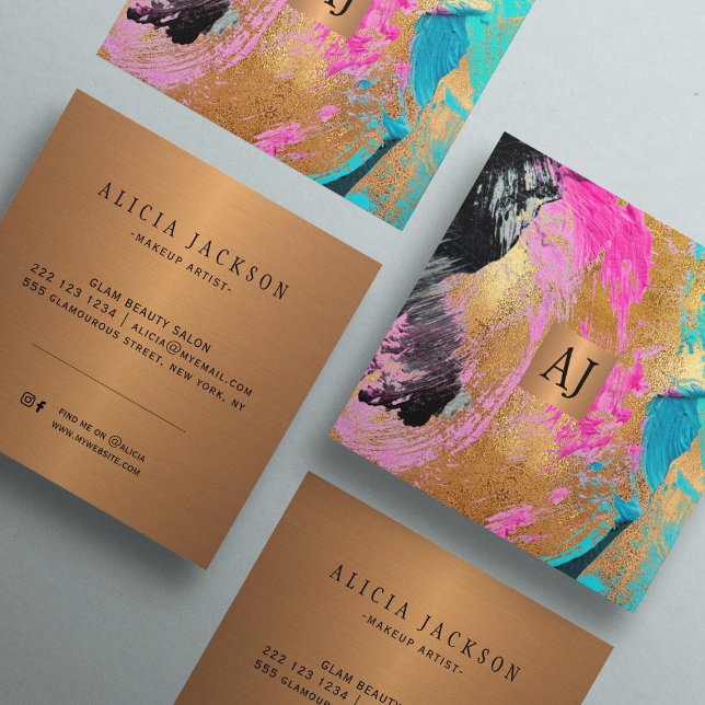 Abstract acrylic paint copper gold glam monogram square business card (Creator Uploaded)