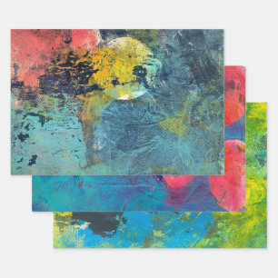 Abstract Acrylic Paint Gelli Print Set of Three Wrapping Paper Sheet