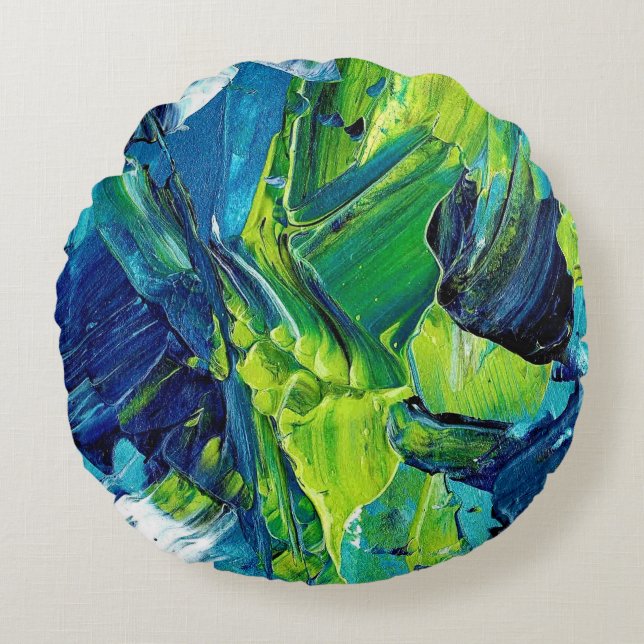 Abstract Acrylic Paint in Blue Round Cushion (Front)