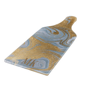 Abstract Agate Blue and Gold Marble Swirl Cutting Board
