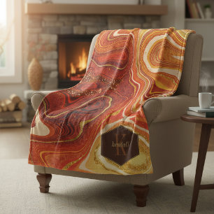 Abstract Agate Monogram Hot Orange ID827 Fleece Blanket