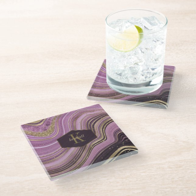 Abstract Agate Monogram Mauve ID827 Glass Coaster (Angled)