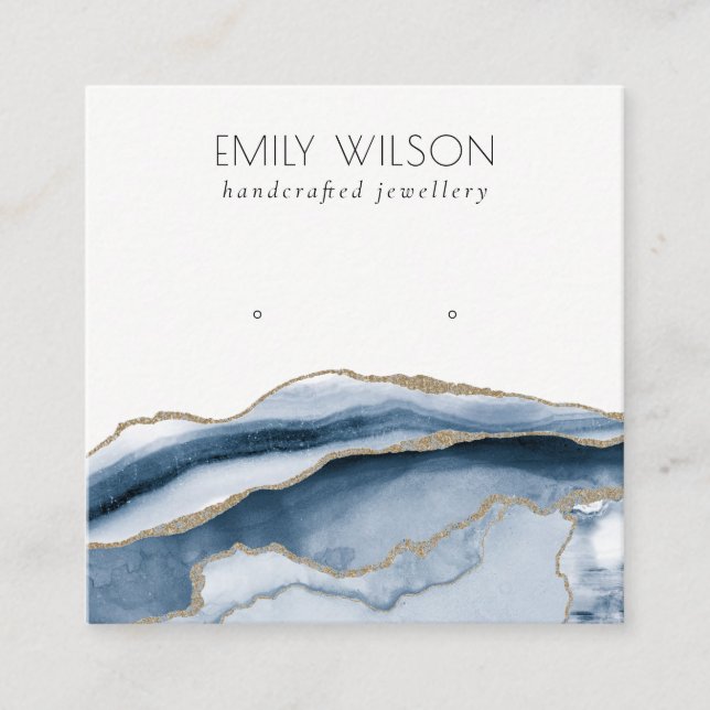 Abstract Agate Navy Blue Gold Stud Earring Display Square Business Card (Front)