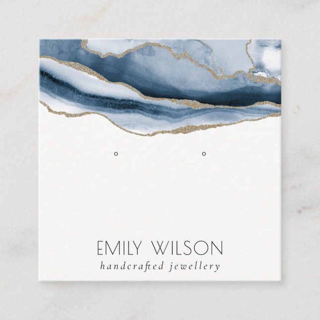 Abstract Agate Navy Blue Gold Stud Earring Display Square Business Card (Front)