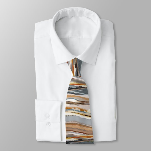 Abstract Agate Stripe Tan Grey Cream Neck Tie (Tied)