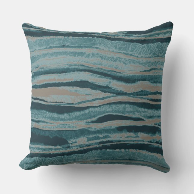 Abstract Agate Stripe Teal Green Blue Taupe Cushion (Front)