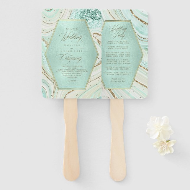Abstract Agate Wedding Ceremony Mint ID827 Hand Fa Fan (Front and Back)