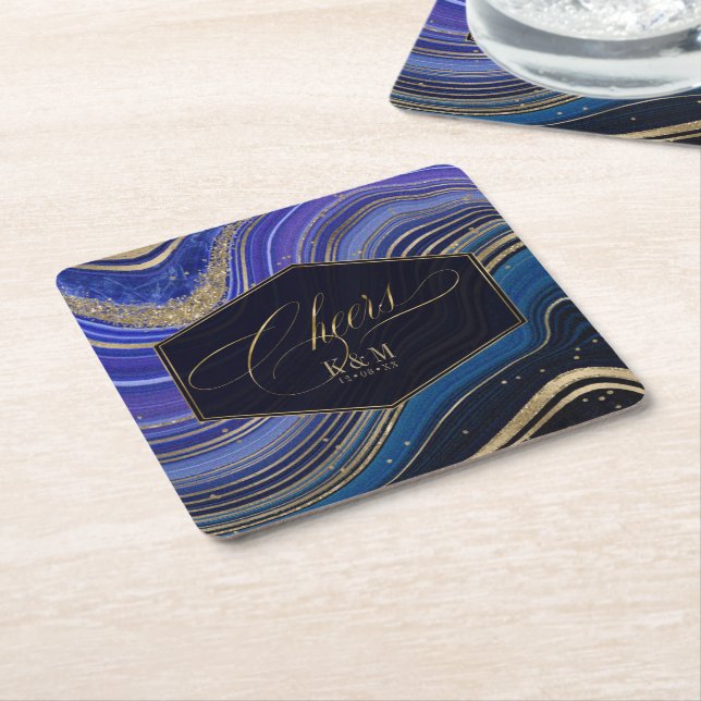 Abstract Agate Wedding Cheers V1 Midnight ID827 Square Paper Coaster (Angled)