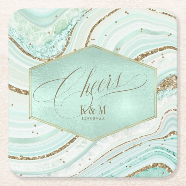 Abstract Agate Wedding Cheers V1 Mint ID827 Square Paper Coaster (Front)
