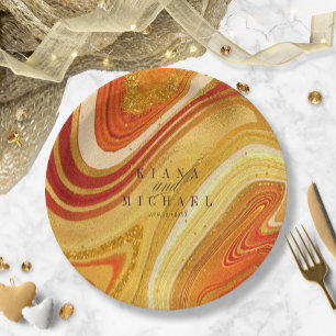 Abstract Agate Wedding Hot Orange ID827 Paper Plate
