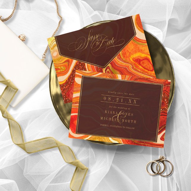 Abstract Agate Wedding Hot Orange ID827 Save The Date (Creator Uploaded)