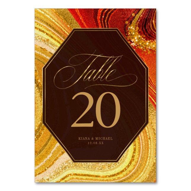 Abstract Agate Wedding Hot Orange ID827 Table Number (Front)