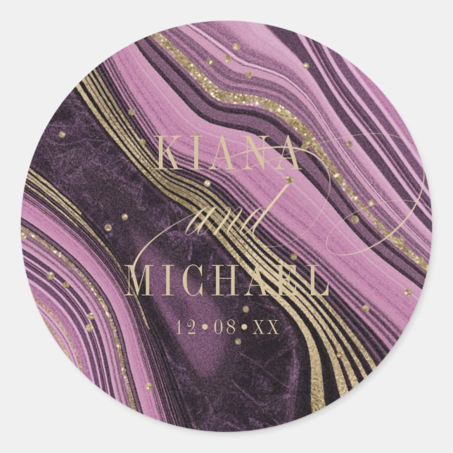 Abstract Agate Wedding Mauve ID827 Classic Round Sticker (Front)