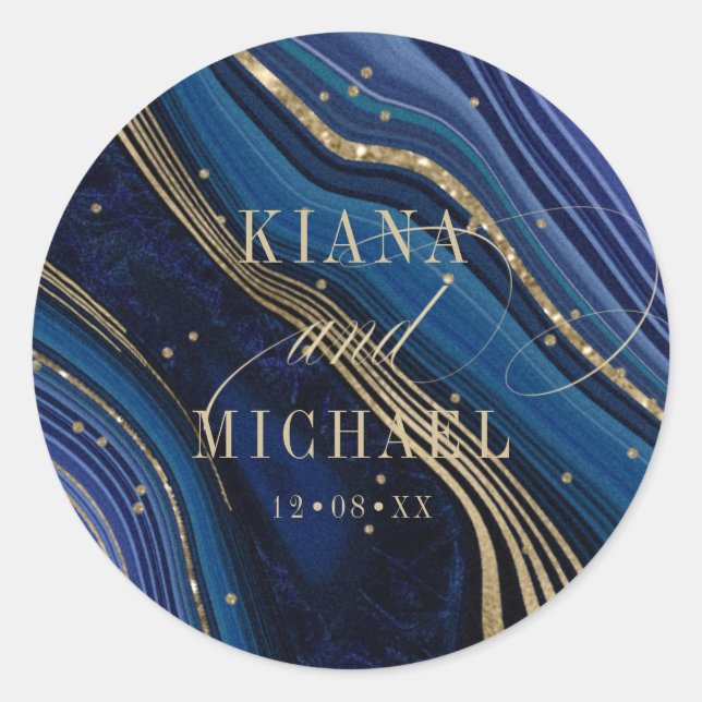 Abstract Agate Wedding Midnight ID827 Classic Round Sticker (Front)