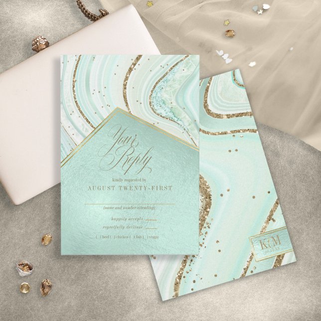 Abstract Agate Wedding Mint ID827 RSVP Card (Creator Uploaded)