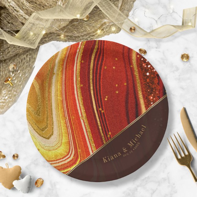 Abstract Agate Wedding V2 Hot Orange ID827 Paper Plate (Creator Uploaded)