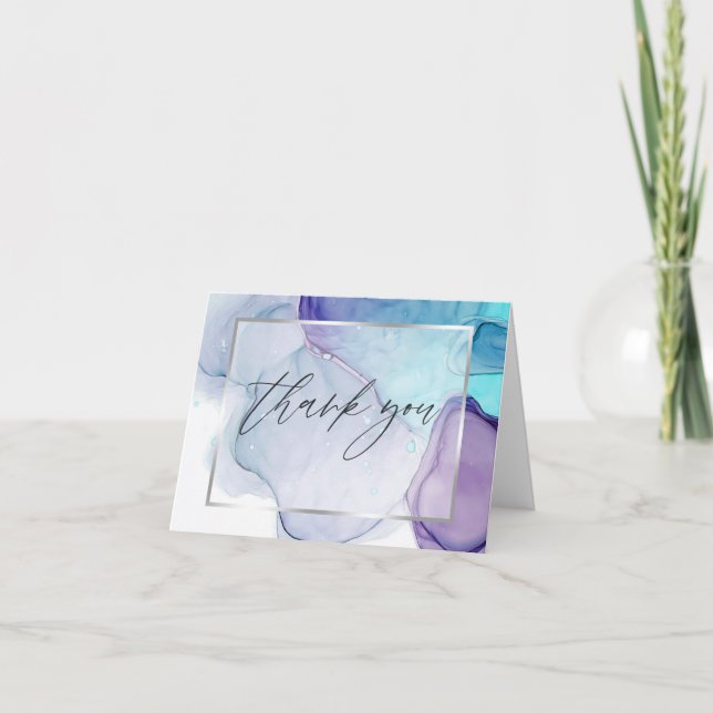 Abstract Alcohol Ink Aqua Purple Thank You Card (Front)