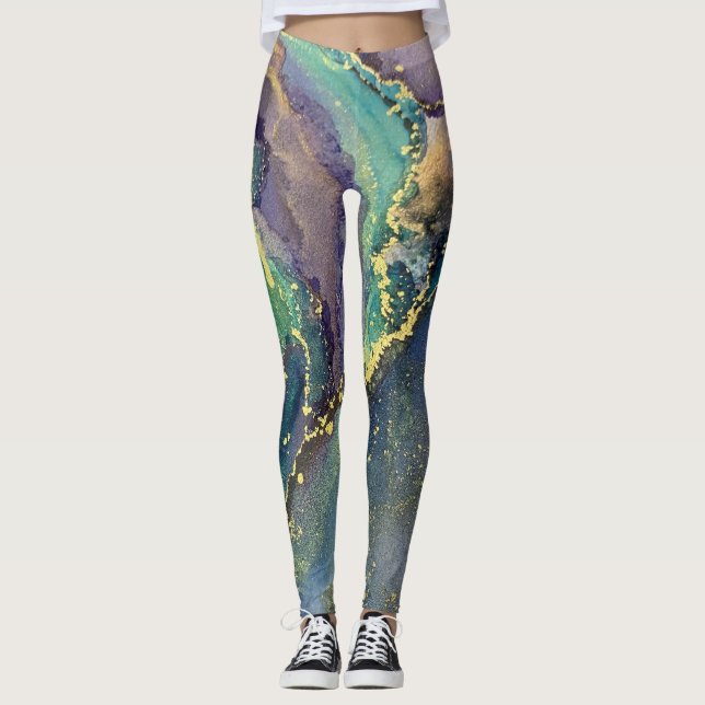 Abstract Alcohol Ink Art Blue Gold Aqua Purple Leggings (Front)