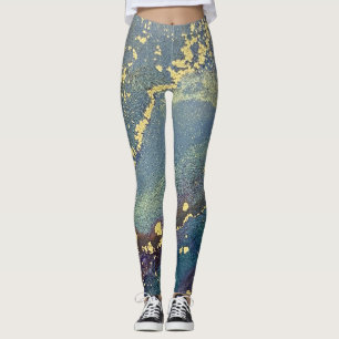 Abstract Alcohol Ink Art Blue Teal and Gold Leggings