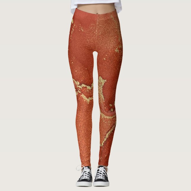 Abstract Alcohol Ink Art Bright Red and Gold Leggings (Front)