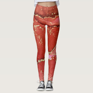 Abstract Alcohol Ink Art Bright Red and Gold Leggings