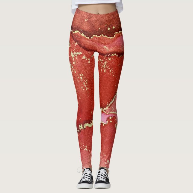 Abstract Alcohol Ink Art Bright Red and Gold Leggings (Front)