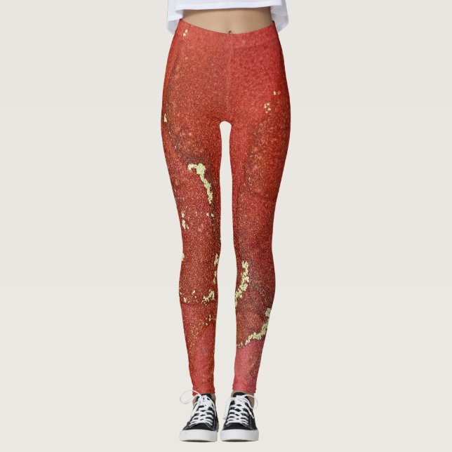 Abstract Alcohol Ink Art Bright Red and Gold Leggings (Front)