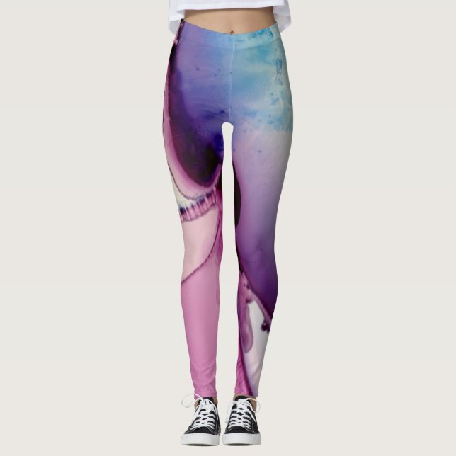 Abstract Alcohol Ink Art Pink Purple Blue White Leggings (Front)