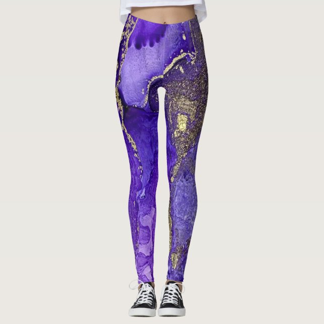 Abstract Alcohol Ink Art Rich Purples with Gold Leggings (Front)