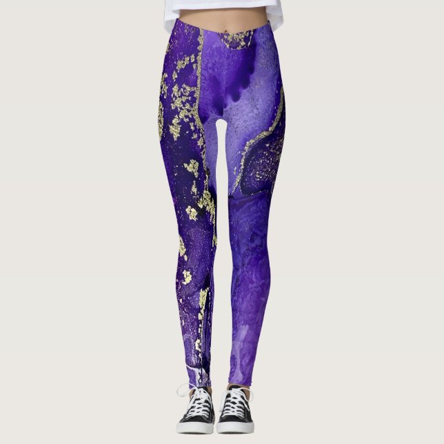 Abstract Alcohol Ink Art Rich Purples with Gold Leggings (Front)