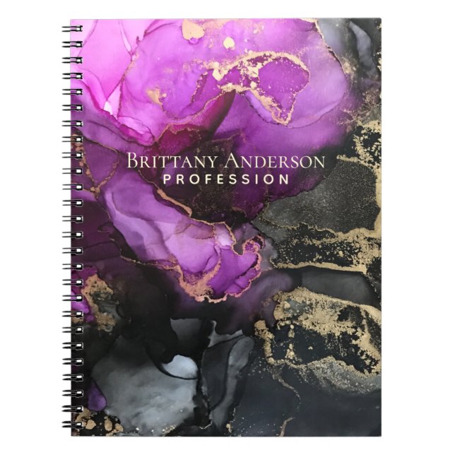 Abstract Alcohol Ink Black Purple Gold Notebook (Front)