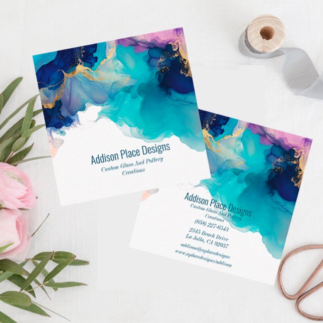 Abstract Alcohol Ink Blue Lavender Square Business Card (Creator Uploaded)