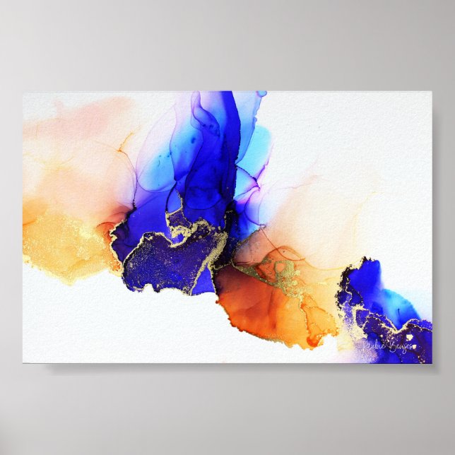Abstract Alcohol Ink Blue Orange Gold Poster (Front)