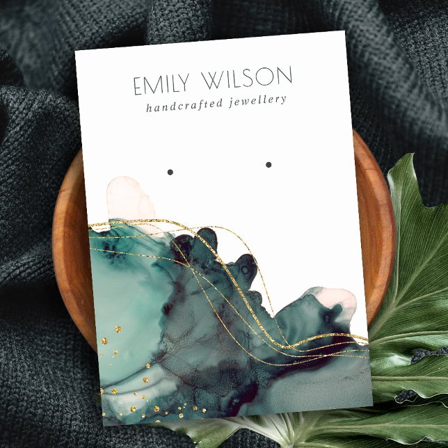 Abstract Alcohol Ink Gold Green Earring Display Business Card (Creator Uploaded)