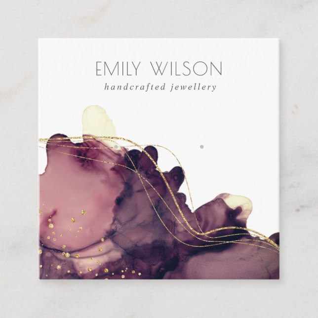 Abstract Alcohol Ink Gold Maroon Earring Display Square Business Card (Front)