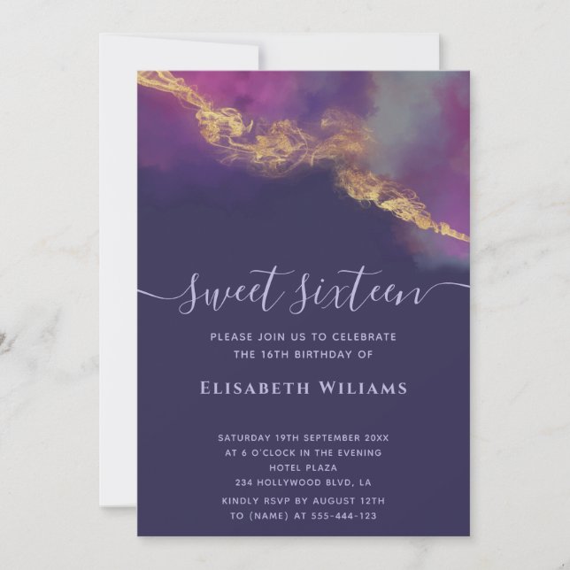 Abstract alcohol ink gold  modern script  invitation (Front)