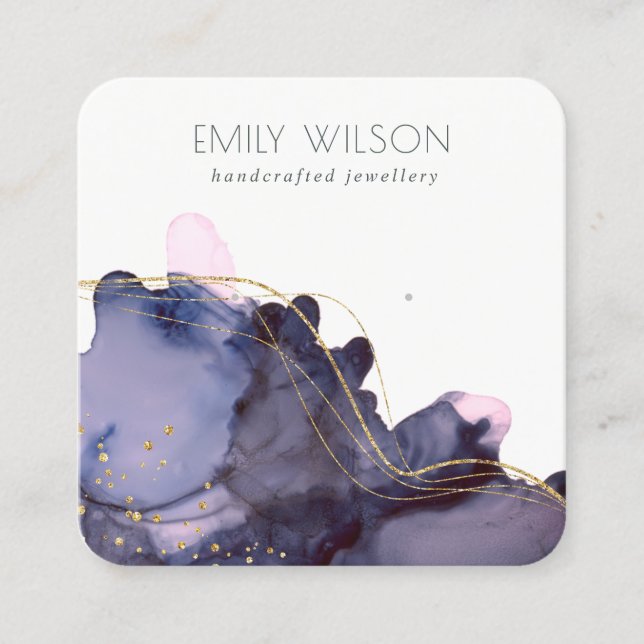 Abstract Alcohol Ink Gold Navy Earring Display Square Business Card (Front)