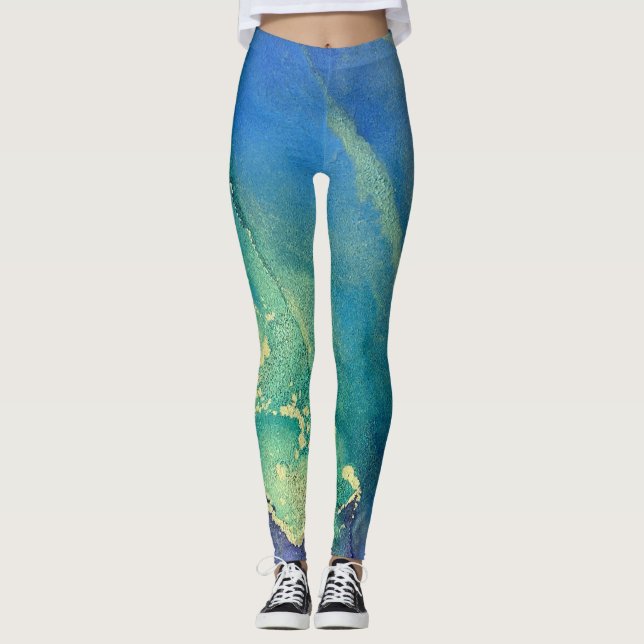 Abstract Alcohol Ink Green Purple Blue & Gold Leggings (Front)