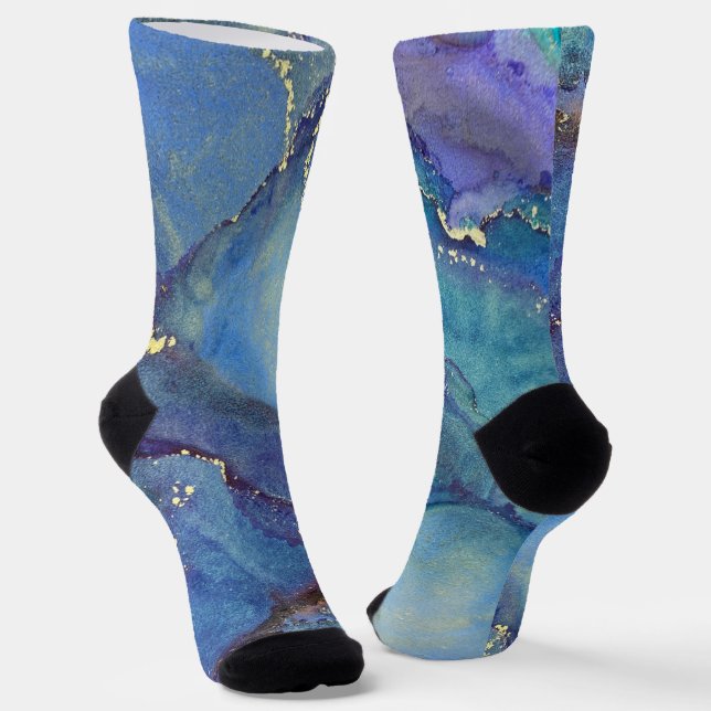 Abstract Alcohol Ink Green Purple Blue & Gold Socks (Angled)