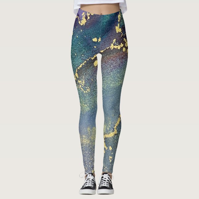 Abstract Alcohol Ink Liquid Art Teal & Gold Leggings (Front)